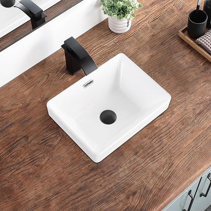 Bathroom Vessel Sink 15.5'' x 11.9'' Small Semi Recessed Bathroom Sink Rectangular Drop In Sink with Overflow White Ceramic Modern Vessel Sinks for Bathroom