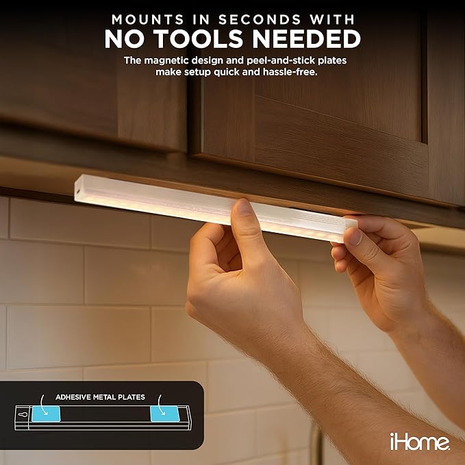 iHome Rechargeable Auto Sensing Light Bars, Motion Sensor, Dimmable, Auto/Always-On Modes, Easy Installation (2-Pack 12” LED Light Bar)