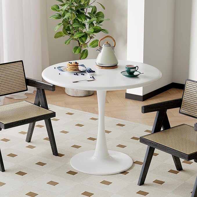 Recximi White Round Dining Table for 2 Person, 24 Inch Small Tulip Table with Metal Pedestal for Living Room, Mid Century Modern Kitchen Table for Kitchen, Office, Pub, Bar, Bistro, Circle Cafe Tables