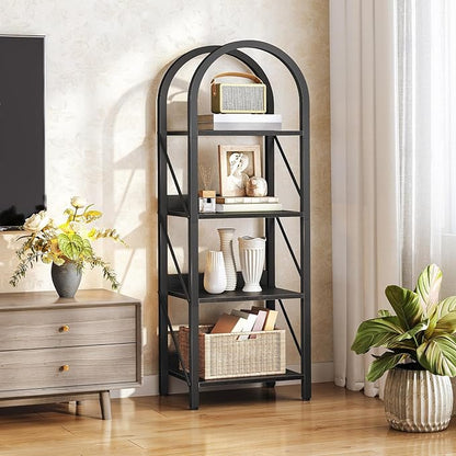HOOBRO Bookshelf, 4-Tier Bookshelf Arched Display Racks, Industrial Bookcase with Metal Frame, Book Shelf Storage Organizer for Living Room, Office, Bedroom, Black BB424SJ01