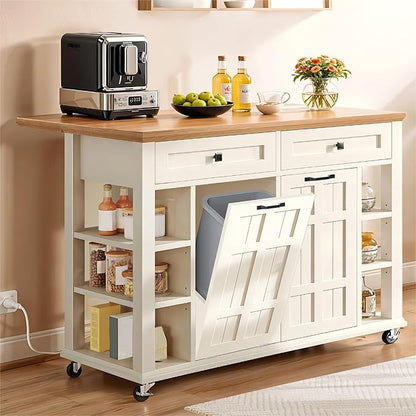 YITAHOME Rolling Kitchen Island with Drop Leaf, 51 Inch Kitchen Cart with Trash Can Cabinet, Americana Center Island with Power Outlet, Mobile Foldable Dining Table with Open Shelves, Off-White