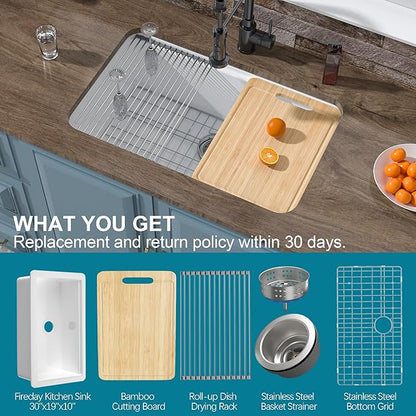 Undermount Workstation Kitchen Sink White 30 x 19 Inch, Fireclay Sink Drop In Single Bowl, Dual Mount Heavy Duty Deep Basin, Included Cutting Board, White, for Kitchen