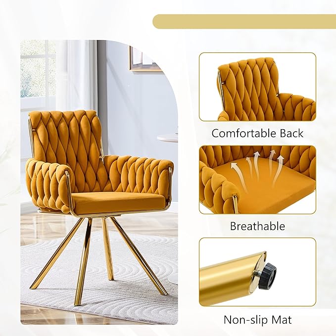 Upholstered Dining Chairs Set of 2, Hand-Woven Back Kitchen Chair, Large Gold Dining Chairs,Velvet Upholstery with Metal Legs, Modern Velvet Chair for Dining Room、Kitchen、Restaurant