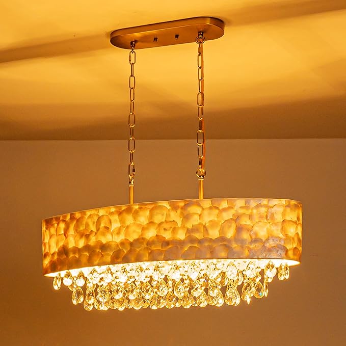 LumFurn 6-Light Oval Capiz Shell Crystal Linear Chandeliers, Coastal Design Light Fixture for Dining Room, Kitchen Island, L32xW12xH19~65 Inch(Adjustable), Shell Lampshade & Brass Finish