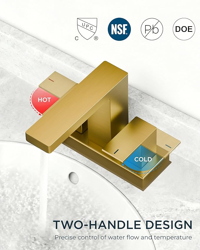 QFN 4 Inch Centerset Bathroom Faucets, Brushed Gold 2 or 3 Hole Square Bathroom Sink Faucet with Pop-Up Drain and cUPC Supply Line, 2 Handles Suitable for Bath Sink, Vanity, Hotel, Restroom, Mall