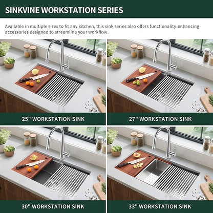 33-inch Undermount Kitchen Sink Workstation, SINKVINE 33x19 Large Outdoor Prep Sink BBQ, Stainless Steel Single Bowl w/Sapele-Wood Cutting Board, SST Colander w/Wood Handle, and Roll-up Dish Drying