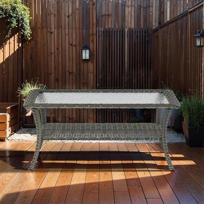 Outdoor Coffee Table - Patio Rattan Wicker Coffee Table with Tempered Glass Top and 2-Tier Storage Outdoor Table for Deck Porch Balcony Garden - Grey