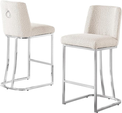 Modern Chairs Set of 2, Chrome Side Chairs & Counter Stools with Ring Pull Back, Luxury Upholstered Chairs for Kitchen Island, Dining Room & Home Bar (Boucle, Cream/Silver, Bar Stool)
