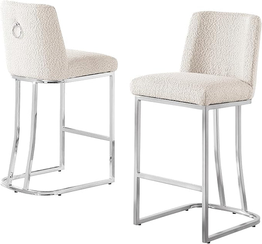 Modern Chairs Set of 2, Chrome Side Chairs & Counter Stools with Ring Pull Back, Luxury Upholstered Chairs for Kitchen Island, Dining Room & Home Bar (Boucle, Cream/Silver, Bar Stool)