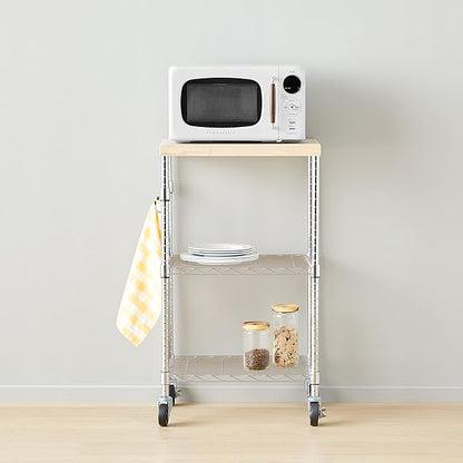 Basics Portable Kitchen 3-Tier Storage Rack on Caster Wheels with Adjustable 2 Shelves, 175 Pound Capacity, 21 x 15 x 36.7 inches (LxWxH), Wood/Chrome