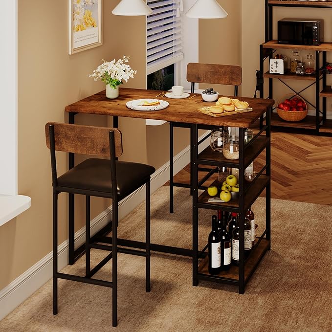Dining Table Set for 2, 3-Piece Bar Table Set with 2 Stools, Space-Saving Counter Height Dining Set with 3-Tier Storage Shelves for Small Kitchens, Apartments, Breakfast Nooks
