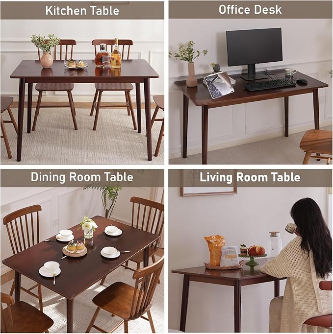 BAKEVE Bamboo Dining Table for 4-6 Person- 47.2'' Solid Wood Kitchen Table, Farmhouse Rectangular Dining Room Table, Mid Century Modern Desk for Living Room, Office, Kitchen and Study (Walnut)