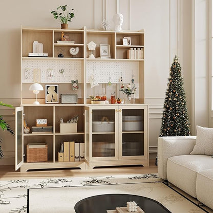 71" Kitchen Pantry Cabinet with Double Glass Doors and Pegboard, Wooden Cabinet with Open Shelves and Countertop,Kitchen Hutch with Storage for Dining Room or Living Room, Natural