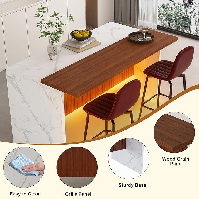Runboll 63" Large Island Table for Kitchen with Multi-Color LED Lights, Modern Faux Marble Dining Table for 4-6 People, Kitchen Island with Grille Design for Dining Room, Home, Office, Living Room