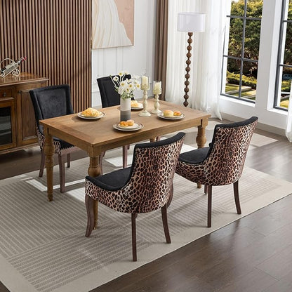 Ball & Cast Mid-century Upholstered Dining Chairs Set of 2, Thickened Fabric Wing Back Kitchen Side-Chairs with Bronze Nail Head & Toned Solid Wood Legs, Two Tone Traditional Chair,Black+Leopard Print