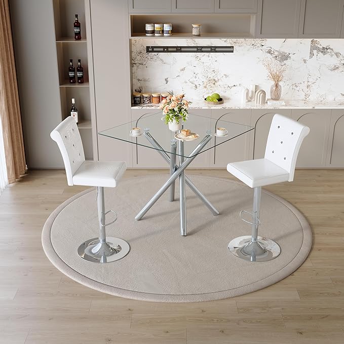 Glass Bar Table Set for 2, Transparent Table with 2 Adjustable Leather Chairs, 3 Piece Counter Height Pub Table Set for Kitchen Island, Home Bar, Small Space, Silver