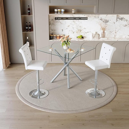 Glass Bar Table Set for 2, Transparent Table with 2 Adjustable Leather Chairs, 3 Piece Counter Height Pub Table Set for Kitchen Island, Home Bar, Small Space, Silver