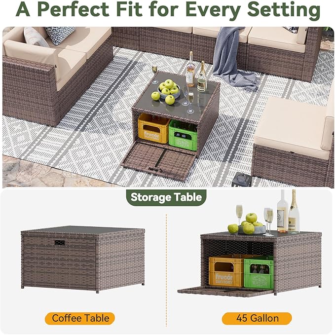 Aoxun 7 Piece Patio Furniture Set, All-Weather Wicker Outdoor Furniture 6 Seats Patio Conversation Sets with Storage Coffee Table, Outdoor Sectional Sofas for Backyard Garden(Brown/Khaki)