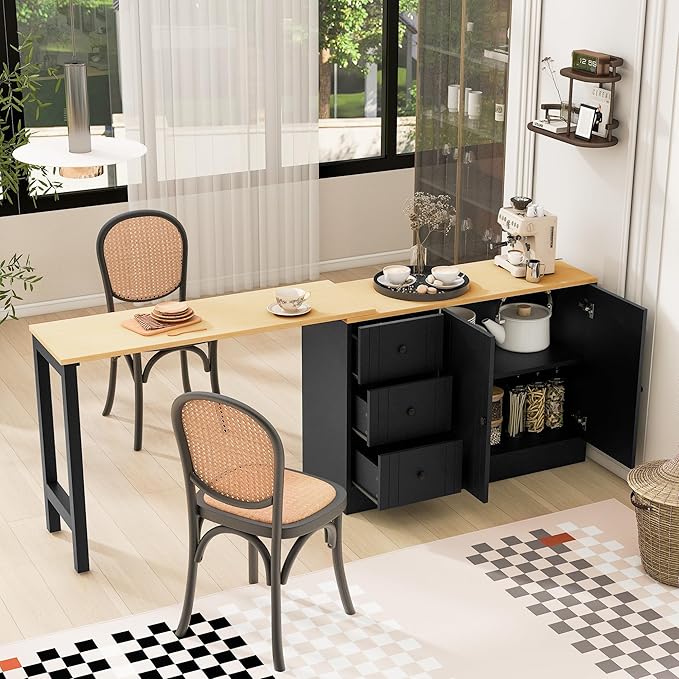 Virubi Kitchen Island with Extendable Table,3 Drawers and Storage Cabinet, Wood Sideboard Buffet Cabinet with Storage, for Living Room, Kitchen,Dining Room (Black+Natural)