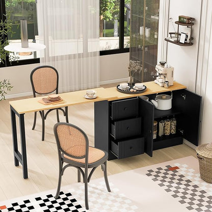 Virubi Kitchen Island with Extendable Table,3 Drawers and Storage Cabinet, Wood Sideboard Buffet Cabinet with Storage, for Living Room, Kitchen,Dining Room (Black+Natural)