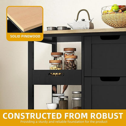 DWVO Solid Wood Top Rolling Kitchen Island Cart, 3 Tier Mobile Kitchen Storage Island Cart with 3 Drawers and 3 Opening Storage Shelves for Kitchen & Dining Area, Black