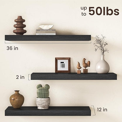 36Inch Black Floating Shelves for Wall, 12 Inch Deep Shelves for Bedroom, Kitchen, Bathroom Wall Mounted, Rustic Wood Floating Shelf with Invisible Brackets for Books, Storage, Decor, 2 Packs