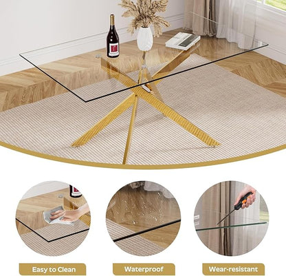 51" Glass Dining Table for 4-6, Contemporary Rectangular Dining Room Table with Tempered Glass Top & Gold Finish Metal Legs, Modern Elegant Dining Table for Home Kitchen