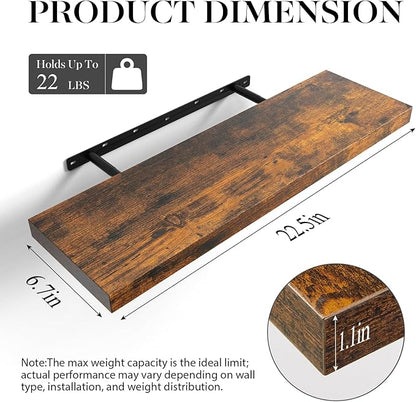 BAYKA Floating Shelves for Wall, Set of 3, 22.5 Inch Rustic Wood Wall Mounted Shelving for Bathroom, Bedroom, Living Room or Kitchen, Hanging Display Decor Book Shelf with 22 lbs, Rustic Brown