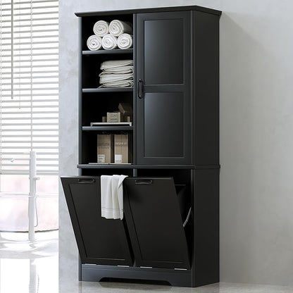 68" Tall Bathroom Storage Cabinet with One Door and Two Laundry Hampers for Home Display Organizer, Adjustable Shelf, Black