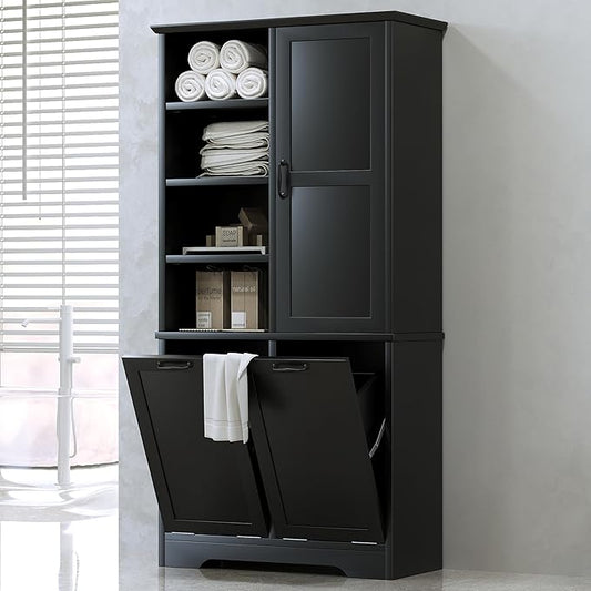 68" Tall Bathroom Storage Cabinet with One Door and Two Laundry Hampers for Home Display Organizer, Adjustable Shelf, Black