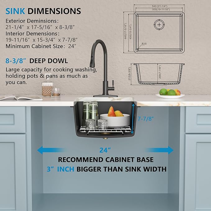 21"x17" Undermount Bar Prep Sink – Matte Black Granite Composite Quartz Classic Under Counter Single Bowl Sink Basin for Wet Bar, RV, Small Kitchen