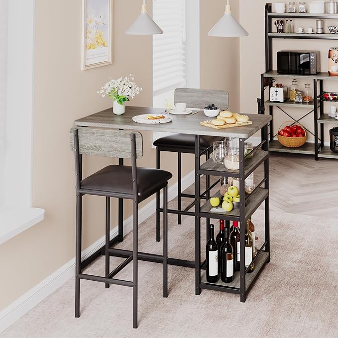 Dining Table Set, with 2 Upholstered Bar Stools, Counter Height Kitchen Table Set with 3 Large Storage Shelves, Modern Bistro Furniture, for Small Space, Apartment, Grey