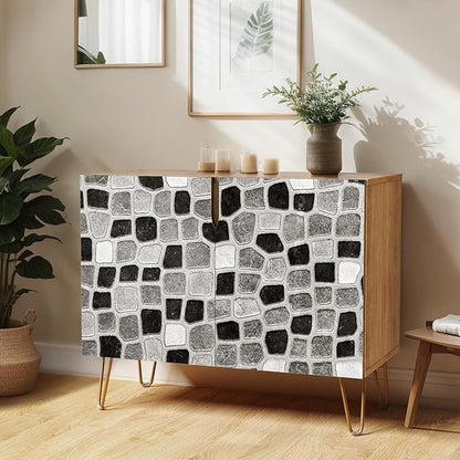 SIGNWIN Sideboard Buffet Cabinet, Kitchen Storage Cabinet with 2 Doors, Black Gray Geometric Square Patterns, Cupboard Console Table for Dining Room - 35" L x 18" W x 29" H