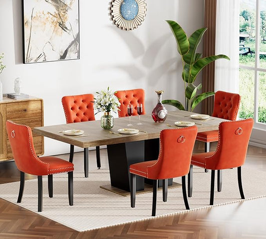 Goujxcy 7-Piece Extendable Dining Table Set for 6-8 People 63-78 Inch Kitchen Table Set with 6 Velvet Upholstered Chairs Farmhouse Rectangular Dining Room Table Set for Kitchen Dining Room Apartment