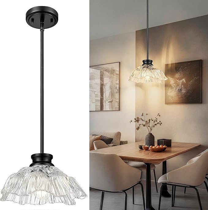 Black Pendant Lights Kitchen Island, HWH Hanging Light Fixtures for Dining Room, Bedroom, 10 Inch Glass Pendant Light with Clear Flower Glass, Matte Black Finish, 5HJX112MIL BK