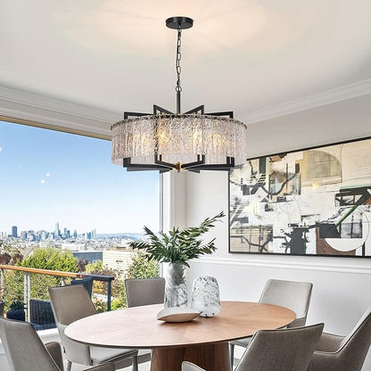 Modern Crystal Chandelier Black, 8-Light Modern Glass Pendant,Crystal Dining Room Light Fixture for High Ceiling Foyer | Large Kitchen Island | Sloped Ceiling Entryway | 30 Inches