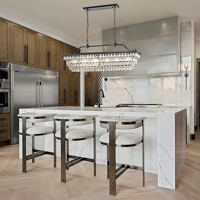 Edvivi Rectangular Linear Crystal Chandelier 40 in. W, 6 Lights Luxury Glam Adjustable Ceiling Lighting Fixture with 4 Rows of Teardrop Crystals for Living Dining Room Kitchen Island, Antique Black