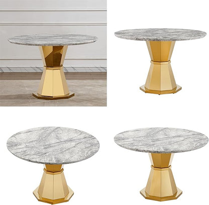 47" Round Marble Dining Table for 4-6, Luxury Modern Kitchen Table with Marble Grain MDF Tabletop & Gold Mirrored Stainless Steel Pedestal Base, Grey Stone Dinner Table for Dining Room (Table Only)