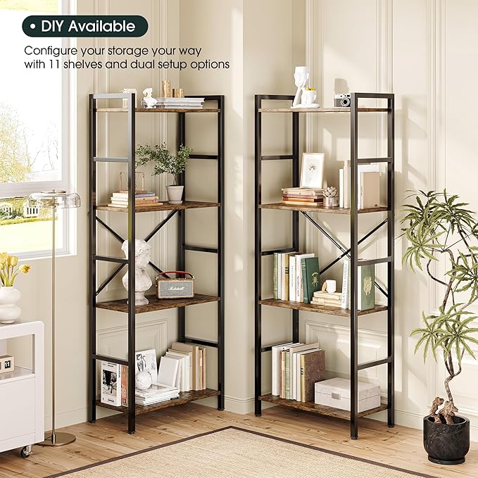 GRUSIGN Triple 4 Tier Book Shelf, Modern Bookcase Shelf, Freestanding Large Display Shelves for Living Room/Office/Garage, Stable Large Bookshelf with Storage for Books/LEGO/Plants, Rustic Brown