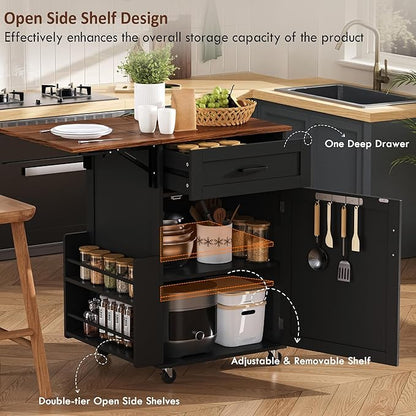 39.3" Farmhouse Kitchen Island with Drop Leaf and Open Side Rack, Small Kitchen Rolling Cart with Drawer and Storage Cabinet, Mobile Dining Table with Lockable Wheels and Towel Rack for Garden Black