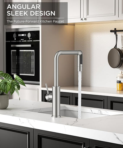 FORIOUS Waterfall Kitchen Faucet with Pull Down Sprayer, 5 Spout Modes Brushed Nickel Stainless Steel Single Handle 360° Swivel Classic Kitchen Sink Faucet with Deck Plate for 1 or 3 Hole for Bar Rv