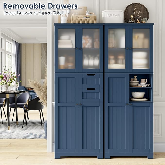 BOTLOG 67'' Tall Bathroom Storage Cabinet, Linen Cabinet with Glass Doors and Adjustable Shelves, Kitchen Pantry with 2 Drawers for Bathroom, Living Room, Dining Room, Blue