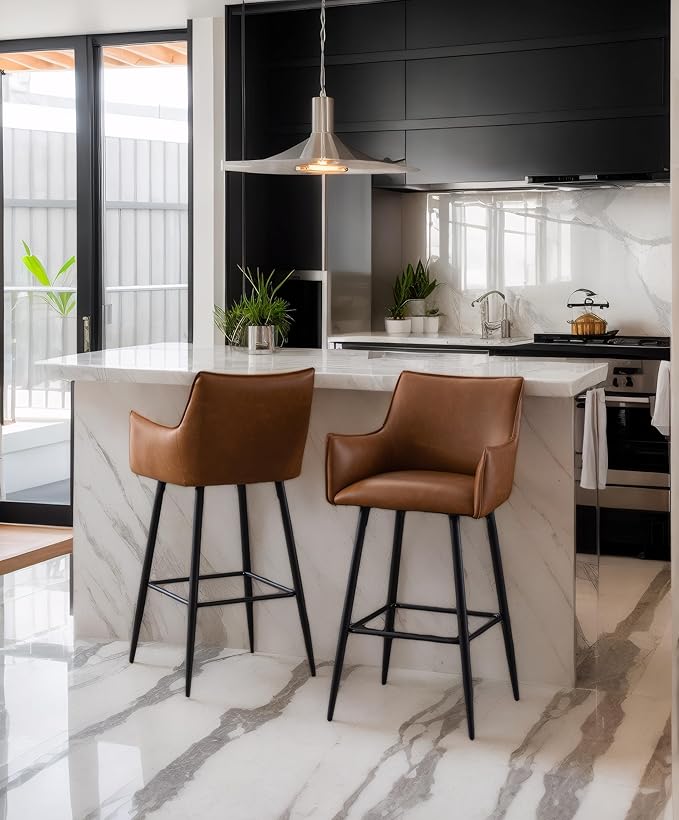Brown Leather Counter Stools Set o f 4, Mid Century Modern Upholstered Kitchen Chairs with Arms and Black Metal Legs 26” Height Stools with Back for Dining Room Home Pub Faux Leather in Brown