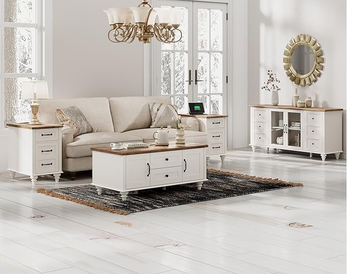 WAMPAT Sideboard Buffet Cabinets with Glass Door, Kitchen Storage Cabinets, Wood Coffee Bar Tables, Accent Sideboard Storage Cabinet Table Dining Room, Living Room, Off White