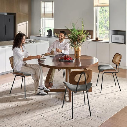 HULALA HOME Rattan Dining Room Chairs Set of 6, Farmhouse Upholstered Kitchen Chair with Square Woven Backrest, Metal Legs, Accent Side Chairs for Dining Living Room Resurant Cafe - Dark Gray
