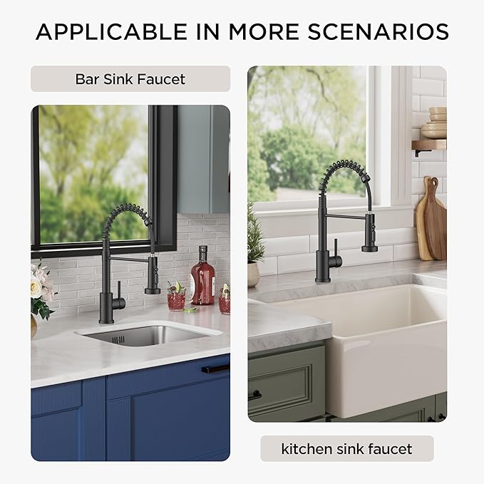 FORIOUS Kitchen Faucet with Soap Dispenser, Black Stainless Steel Sink Faucet with Sprayer Single Handle, Commercial Modern Spring Faucet for Kitchen Sink, Bar & Prep Sink, Laundry RV Camper