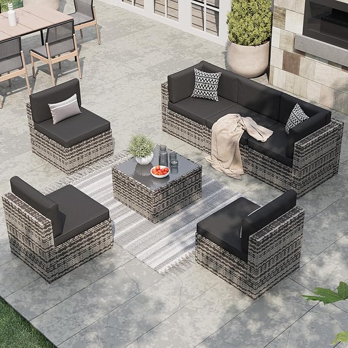 Aoxun 7 Piece Patio Furniture Set, All-Weather Wicker Outdoor Furniture 6 Seats Patio Conversation Sets with Storage Coffee Table, Outdoor Sectional Sofas for Backyard Garden(Grey/Black)