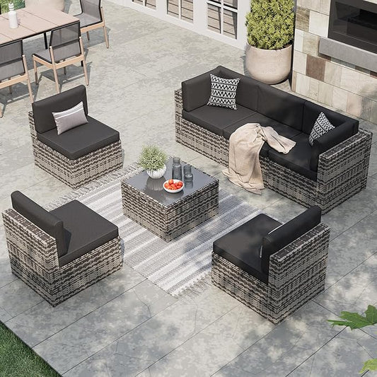 Aoxun 7 Piece Patio Furniture Set, All-Weather Wicker Outdoor Furniture 6 Seats Patio Conversation Sets with Storage Coffee Table, Outdoor Sectional Sofas for Backyard Garden(Grey/Black)