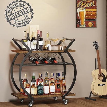 LVB Industrial Kitchen Bar Cart, Farmhouse Beverage Serving Liquor Cart with Wheels, Wood and Metal Rolling Wine Cart with Storage Shelf, Microwave Drink Cart for Home Living Dining Room, Rustic Brown