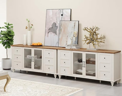 WAMPAT 2-in-1 Sideboard Buffet Cabinets with Glass Door, Kitchen Storage Cabinets, Wood Coffee Bar Tables, Accent Sideboard Storage Cabinet Table Dining Room, Living Room,White